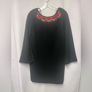 Cynthia Steffe Black Long-Sleeve Shift Dress with Red & Turquoise Neck Beading